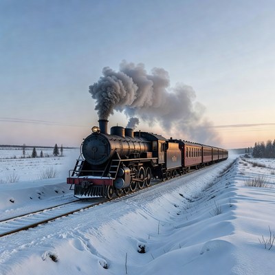 Steam train in snowy landscape