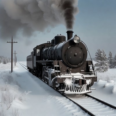 Steam locomotive train in snowy landscape
