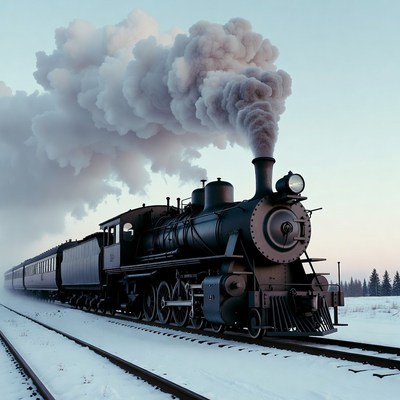 Steam train in snowy landscape