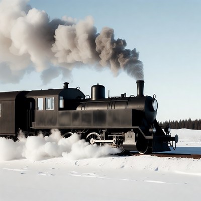 Black steam train snowy landscape