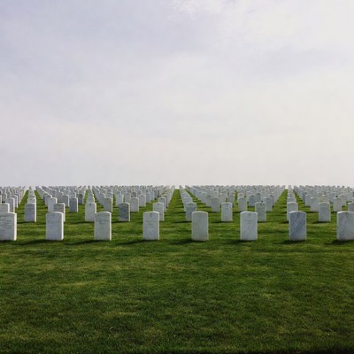 Rows of White Headstones in Cemetery