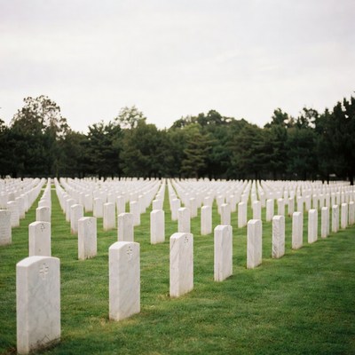Rows of White Headstones in Cemetery