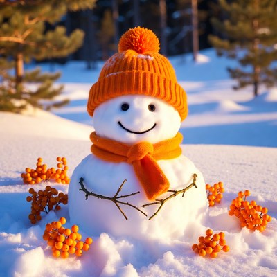 Snowman with orange hat and scarf