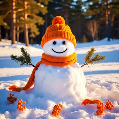 Snowman with orange hat and scarf
