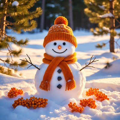 Snowman with orange hat in snowy forest