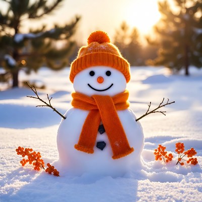Snowman with orange hat and scarf