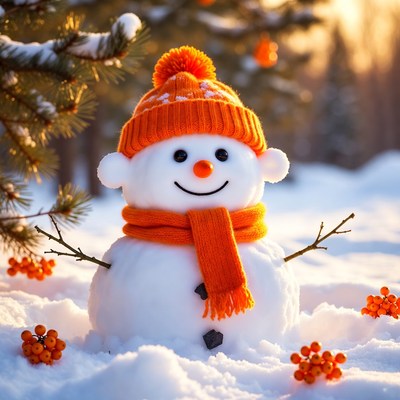 Snowman with orange hat and scarf
