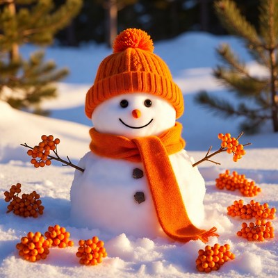 Snowman with orange hat and scarf