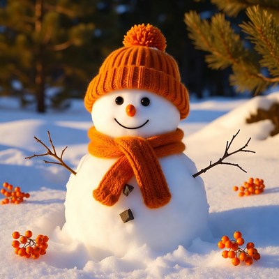 Snowman with orange hat and scarf
