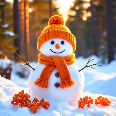 Snowman with orange hat and scarf