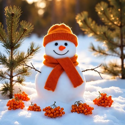 Snowman with orange scarf and rowan berries
