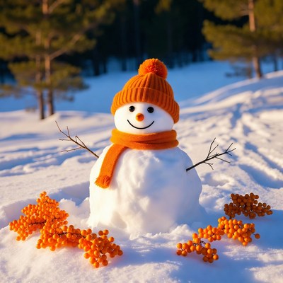 Snowman with orange scarf and berries