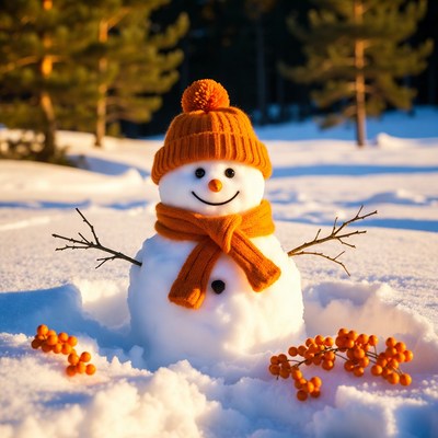Snowman with orange hat and scarf