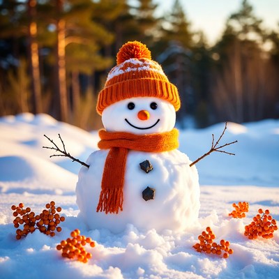 Snowman with orange scarf and hat