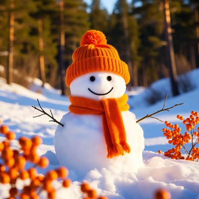 Snowman with orange hat and scarf