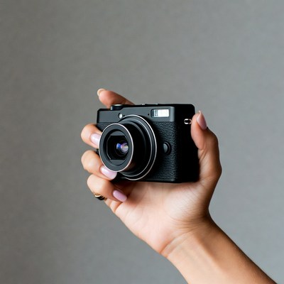 Woman holding black compact camera