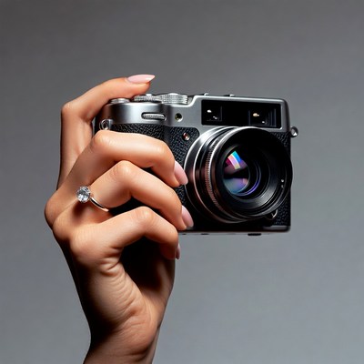 Woman's hand holding camera with diamond ring