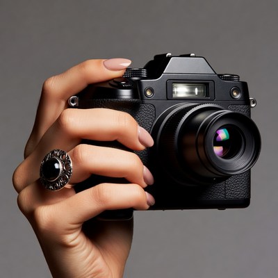 Woman holding black camera