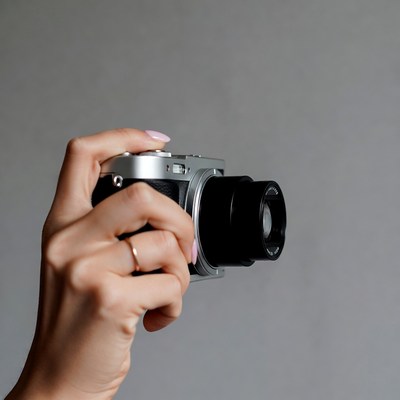 Woman's hand holding silver camera