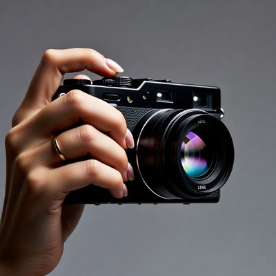 Woman holding black rangefinder camera