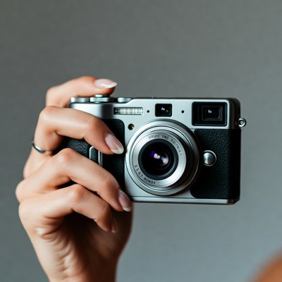 Woman's hand holding Fujifilm camera