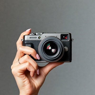 Woman holding black camera