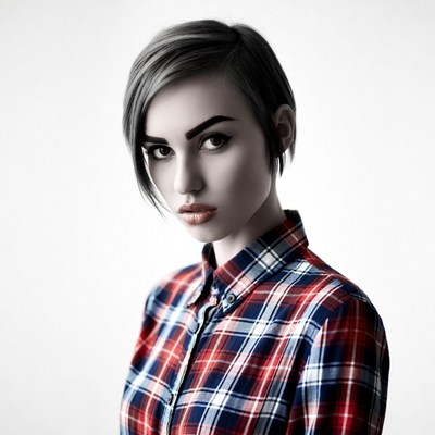 Woman with short hair in plaid shirt