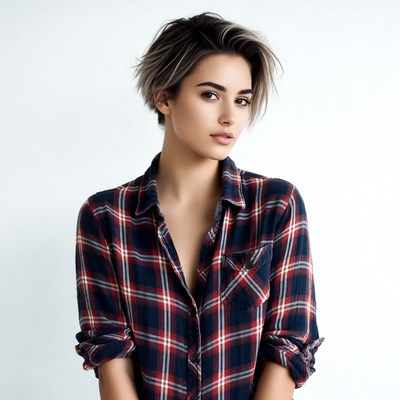 Woman with short two-tone hair in plaid shirt