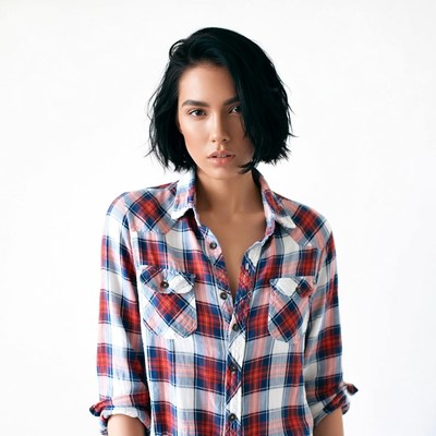 Asian woman in plaid shirt