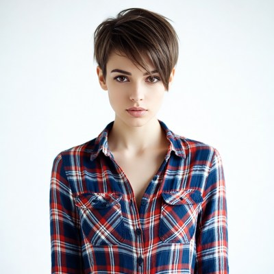 Woman with short hair in plaid shirt