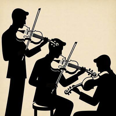Three men playing violins silhouette
