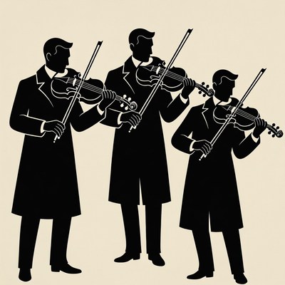 Three men playing violins silhouette