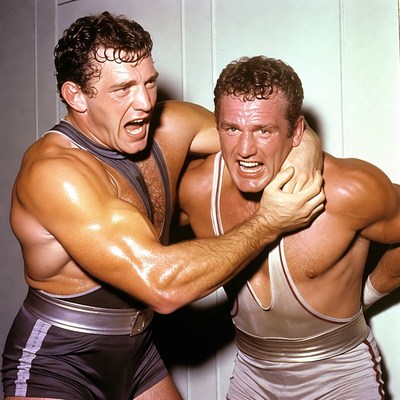 Two wrestlers grappling intensely