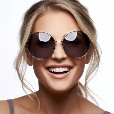 Blonde woman smiling in round sunglasses