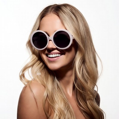 Blonde woman smiling in white sunglasses