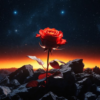 Red Rose on Rocks Under Starry Sky