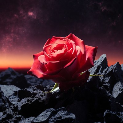Red Rose on Dark Rocks with Stars
