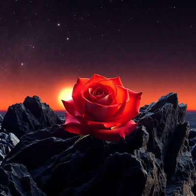 Red Rose on Rocks at Sunset