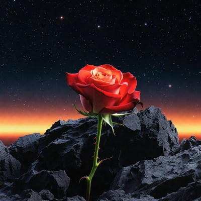 Red Rose on Rocks Under Starry Sky