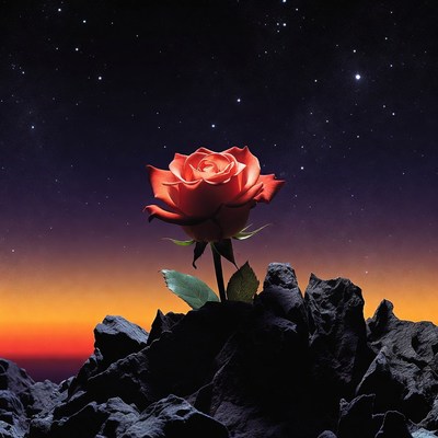Red Rose on Rocks Under Starry Sky