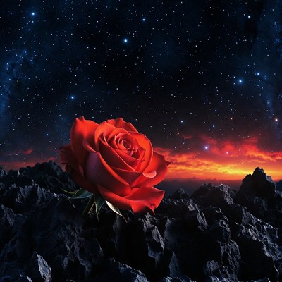 Red Rose on Rocky Mountain Under Starry Sky