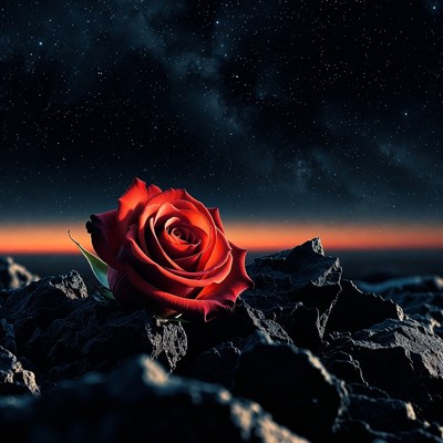 Red Rose on Rocks Under Starry Sky