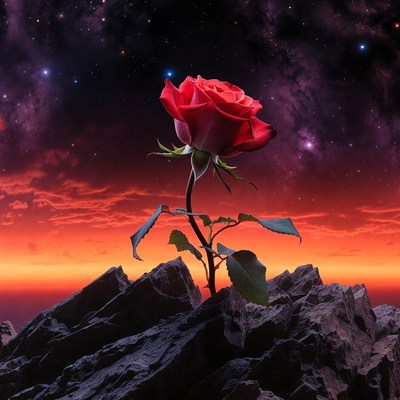 Red Rose on Rocks Under Starry Sky