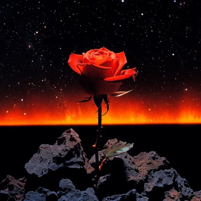 Red Rose on Rocks Against Starry Sky