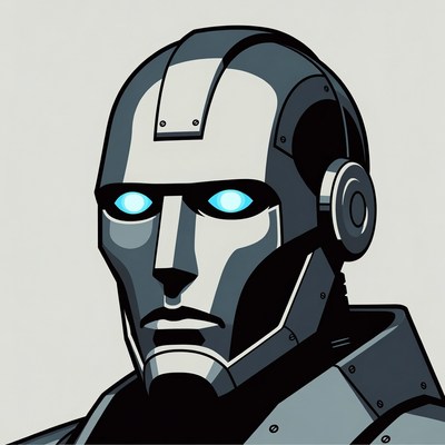 Silver robot with glowing blue eyes