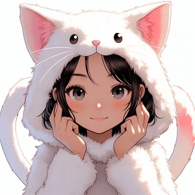 Anime girl in white cat hoodie