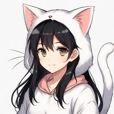 Anime girl in white cat hoodie