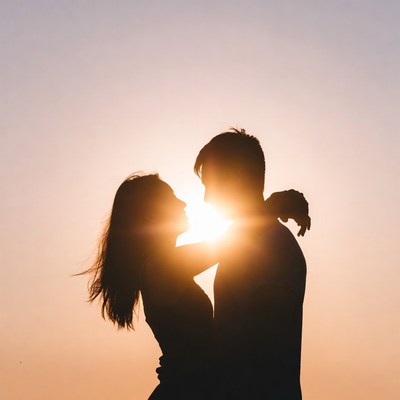 Silhouette couple embracing at sunset