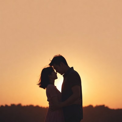 Asian couple silhouette embracing at sunset