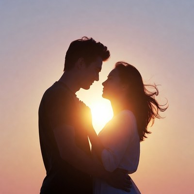 Silhouette couple embracing at sunset